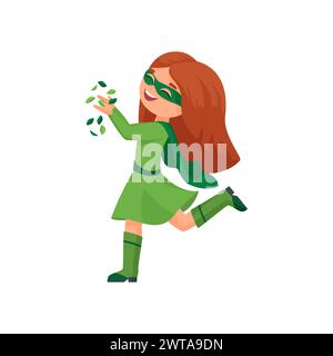 Happy girl in green fairy costume, cloak and mask running, playing with leaves vector illustration Stock Vector