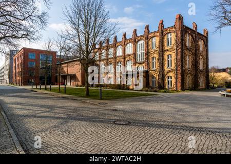 First film studio, then Deutsche Bioscop. The factory building was built in 1890 for the production of artificial flowers. In 1912, the first film was shot here in an adjoining glass studio. Totentanz with Asta NIelsen in the starring role. The first UFA studio in Potsdam is now part of the Rundfunk Berlin Brandenburg (RBB) site, Marlene-Dietrich-Allee, Potsdam, Brandenburg, Brandenburg, Germany Stock Photo