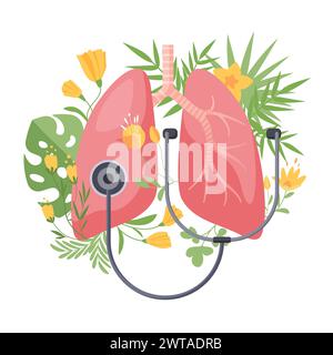 Lung health support and care, pulmonology checkup. Human lungs in blooming flowers, plants and green leaves with stethoscope for doctors examination of respiratory system cartoon vector illustration Stock Vector