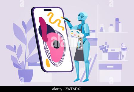 Art content generator mobile app for phone. Robot painting creative picture on smartphone screen, artificial intelligence artist working to create digital image online cartoon vector illustration Stock Vector