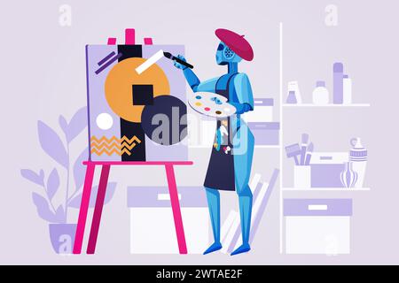 Art content generation using AI. Robot artist painting creative picture on easel, cyborg in painters beret and apron holding brush to create digital image in workshop cartoon vector illustration Stock Vector