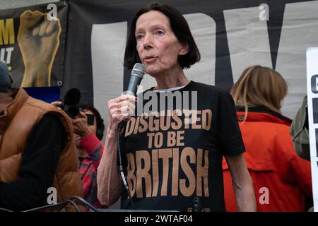 London, UK. 16 March, 2024. Fashion designer Katharine Hamnett addresses a 'House Against Hate' event with DJ's outside Downing Street held as part of a March Against Racism protest. Credit: Ron Fassbender/Alamy Live News Stock Photo