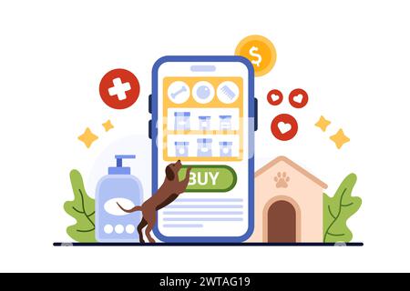 Online pet shop mobile app. Tiny dog selecting category on phone screen to buy veterinary goods and products, electronic order food, toys and grooming accessory for puppy cartoon vector illustration Stock Vector