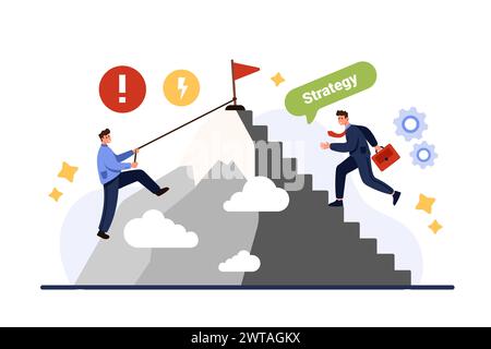 Hard and easy path to career development, difficulty and inequality of conditions for employee growth. Tiny people climb up mountain on steps and with efforts on rope cartoon vector illustration Stock Vector
