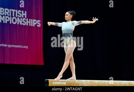 Liverpool, England, UK. 16th Mar, 2024. Ondine ACHAMPONG on the Beam during the British Gymnastics Championships at the M&S Bank Arena, Liverpool, England, UK. Credit: LFP/Alamy Live News Stock Photo