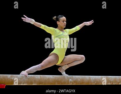 Liverpool, England, UK. 16th Mar, 2024. Georgia-Mae FENTON on the Beam during the British Gymnastics Championships at the M&S Bank Arena, Liverpool, England, UK. Credit: LFP/Alamy Live News Stock Photo