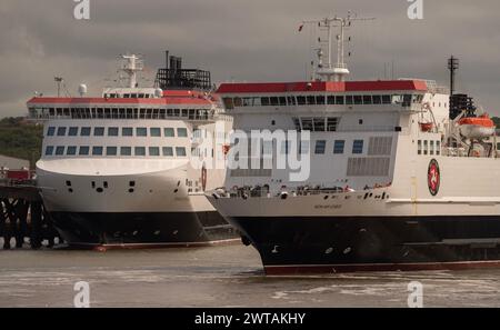 Isle of Man Steam Packet Company vessel Ben-My-Chree arriving in at Heysham Port, Lancashire alongside the new Manxman ferry. Stock Photo