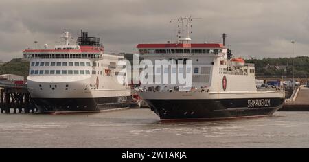 Isle of Man Steam Packet Company vessel Ben-My-Chree arriving in at Heysham Port, Lancashire alongside the new Manxman ferry. Stock Photo