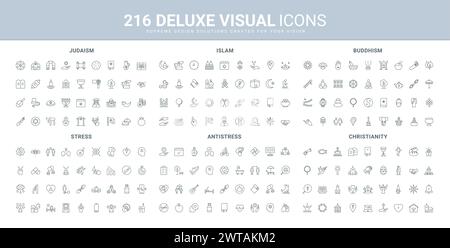 Religion of world, mental health and stress management line icons set. Christianity, Islam and Judaism religious thin black outline symbols, conflict attack, mentoring and yoga vector illustration Stock Vector