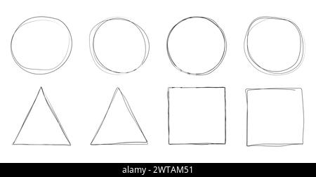 Set of Geometric Hand Drawn Pen Shapes of Circle, Rectangle and Triangle Stock Vector