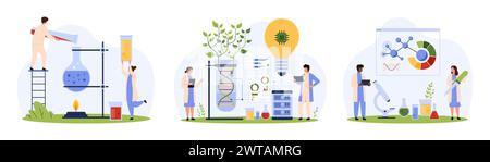 Chemical laboratory research set. Tiny people doing scientific ...