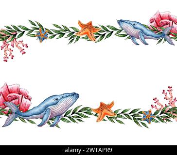 Watercolor illustration of a pattern of the underwater world with algae, whales, starfish, corals. Sea animals isolated on white background. Compositi Stock Photo