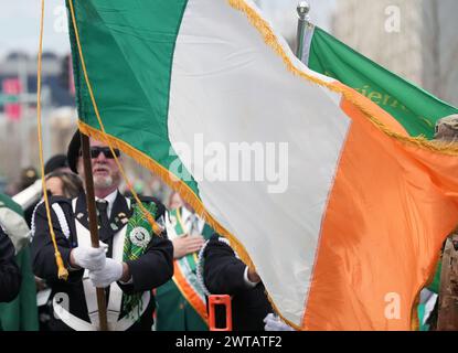 St. Louis, United States. 16th Mar, 2024. The flag of Ireland is displayed during the playing of the National Anthem before the start of the St. Louis St. Patricks Day Downtown Parade in St. Louis on Saturday, March 16, 2024. Photo by Bill Greenblatt/UPI Credit: UPI/Alamy Live News Stock Photo