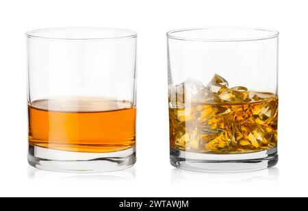 Whiskey in glasses isolated on white. One cool with ice Stock Photo