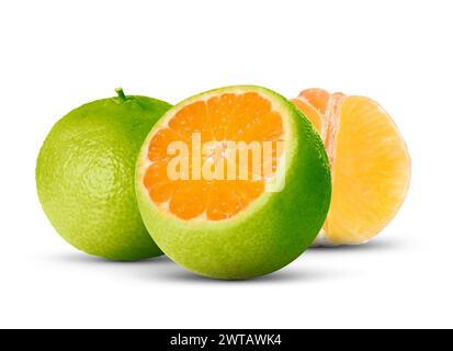 Fresh green tangerines isolated on white. Citrus fruit Stock Photo