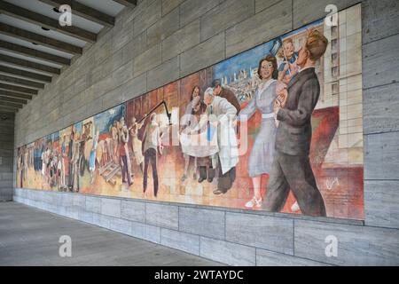 Berlin, Germany - Jul 2, 2023: Mural painting 'Building of the republic' by Max Lingner at the 'Detlev-Rohwedder-Haus' in Berlin, the former 'House of Stock Photo