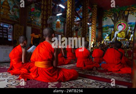 Huay Xai, Laos - Sep 3, 2023: Young buddhist monks kids are chanting at Wat Chomkao Manilat temple in Huay Xai town, Laos. Stock Photo