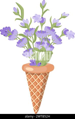 Lavender flowers in an ice cream cone. Vector illustration isolated on white background. Stock Vector