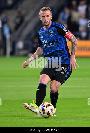 Kansas City, USA. 16th Mar, 2024. San Jose Earthquakes midfielder Jackson Yueill (14) passes. Sporting KC hosted San Jose in a Major League Soccer game at Children's Mercy Park Stadium in Kansas City, KS on Saturday March 16, 2024. (Photo by Tim Vizer/Sipa USA) Credit: Sipa USA/Alamy Live News Stock Photo