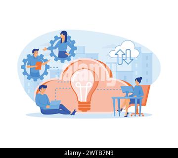 Wireless computing service concept. Work colleague team of users connected by cloud computing and light bulb. Online collaboration, remote business ma Stock Vector