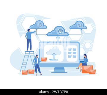 Cloud computing concept. Team administrator and developer working with computer monitor. flat vector modern illustration Stock Vector
