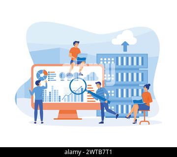 Business technology cloud computing service concept and data center storage server connect on cloud with administrator and developer team working on d Stock Vector