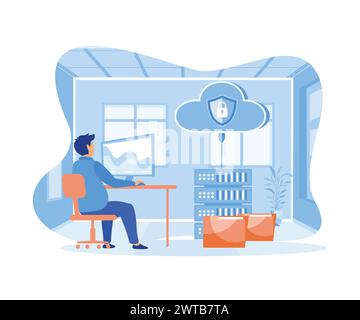 Business technology storage and cloud server service concept with administrator and developer team working concept. flat vector modern illustration Stock Vector