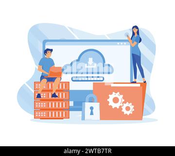 Cloud technology. People storing data on cloud server. flat vector modern illustration Stock Vector