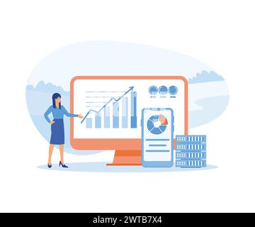 Big Data and Cloud Computing. Businesswoman using remote servers to analyzing large sets of data and recognizing mistakes. flat vector modern illustra Stock Vector