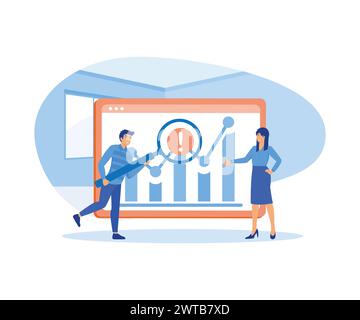 Big Data and Cloud Computing. People using magnifying glass to analyzing large sets of data and recognizing mistakes. flat vector modern illustration Stock Vector