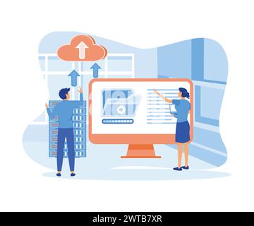 Cloud computing concept. Man and woman analyzing data center on computer screen. flat vector modern illustration Stock Vector