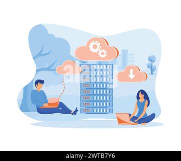 Cloud data server, online database storage technology concept. Cloud storage technology. Data cloud storage network. flat vector modern illustration Stock Vector