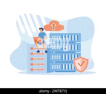 Cloud computing concept. Man sitting on rack analyzing file management on laptop. flat vector modern illustration Stock Vector