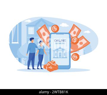 Bank Mobile Application for Family Budget. Young Married Couple Using Internet Banking and Accounting for Credit Card Managing, Money Sending, Savings Stock Vector