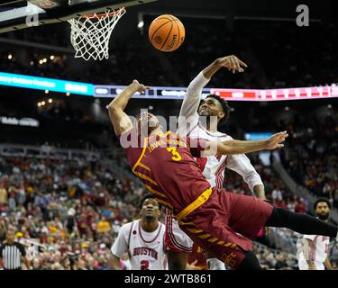 MAR 16 2024: Houston Cougars guard Mylik Wilson (8) block a shot against Iowa State Cyclones guard Tamin Lipsey (3) in the Big 12 Tournament Finals at the T-Mobile center, Kansas City, Missouri. Jon Robichaud/CSM. (Credit Image: © Jon Robichaud/Cal Sport Media) Stock Photo