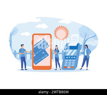 Online Payment concept. People paying taxes and debts on the cell phone apps using card. flat vector modern illustration Stock Vector