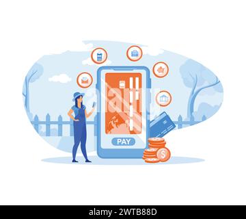 Mobile payment and mobile banking concept. Female hand holding a phone with different types of payments. flat vector modern illustration Stock Vector