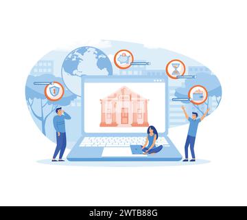 Online Internet banking concept. Bank employers help to carry out online payment and savings transactions around the world. flat vector modern illustr Stock Vector