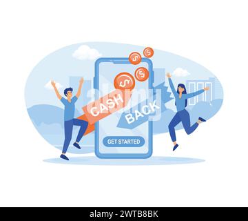 Online cash back or money refund concept. Happy people receiving cash back for shopping. flat vector modern illustration Stock Vector