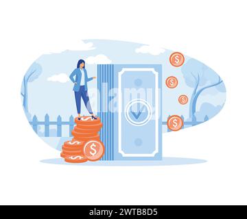Payment methods concept. Woman paying cash with banknotes and online by electronic bank transfer. flat vector modern illustration Stock Vector