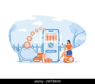 Cash back concept. woman with smart phone, money goes in a piggy bank. flat vector modern illustration Stock Vector