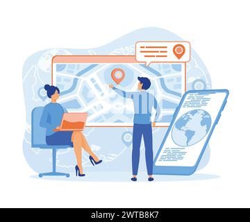 GPS navigation concept in flat style. Man uses GPS navigator scene. Navigate mapping technology, cartography and geolocation system banner. flat vecto Stock Vector