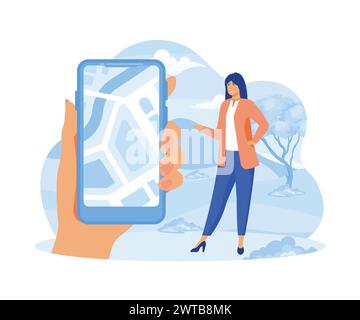 Geofencing as map area boundary for marketing action tiny person concept. GPS satellite navigation usage for smartphone ecommerce system with precise Stock Vector