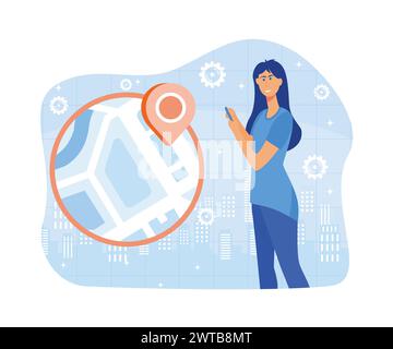 Young female character using a navigational app. Map and geo tag. Millennials and devices. flat vector modern illustration Stock Vector