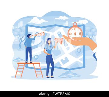 Folded City map. GPS navigator. Tiny Characters Orienteering at Huge Paper Map. Businessman with Compass Searching Correct Way. Geolocation Pin. Gps N Stock Vector