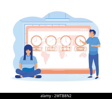 Time zones. International time and date. Clocks showing local time online on web site. flat vector modern illustration Stock Vector