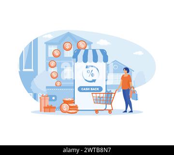 Online cash back service for purchase with phone screen. Happy customer get rewards. flat vector modern illustration Stock Vector