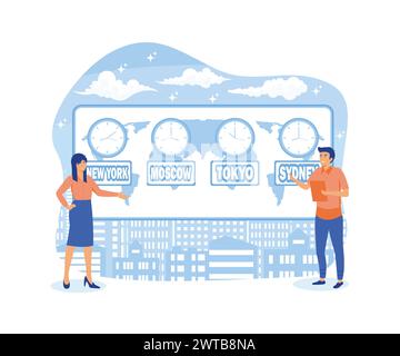 Time zones in world. Tiny people business worldwide. flat vector modern illustration Stock Vector