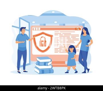 Parental control software. Dad and mom block prohibited or inappropriate content on social media. flat vector modern illustration Stock Vector