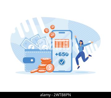 Female rejoices in new accrued bonuses. Loyalty program, woman customer